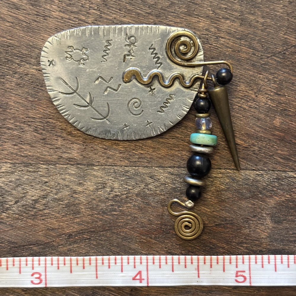 Etched Petroglyph Mixed Metal Dangle Charm Brooch